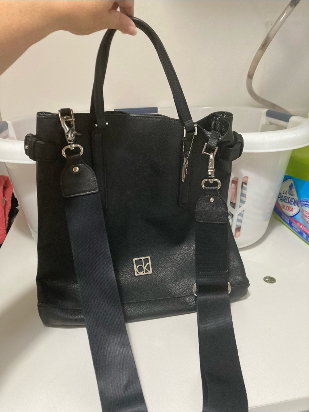 Calvin Klein Black Leather Tote with Wide Strap